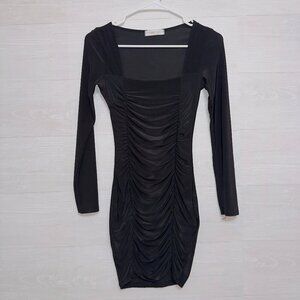 Femme Luxe Women's Black Long Sleeve Square Neck Ruched Front Mini Bodycon Dress